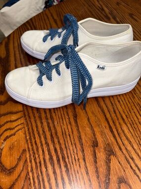 Keds White Canvas Sneakers with Blue Laces